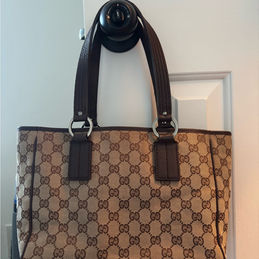 Gucci Brown Monogram Shoulder Bag with Leather Trim